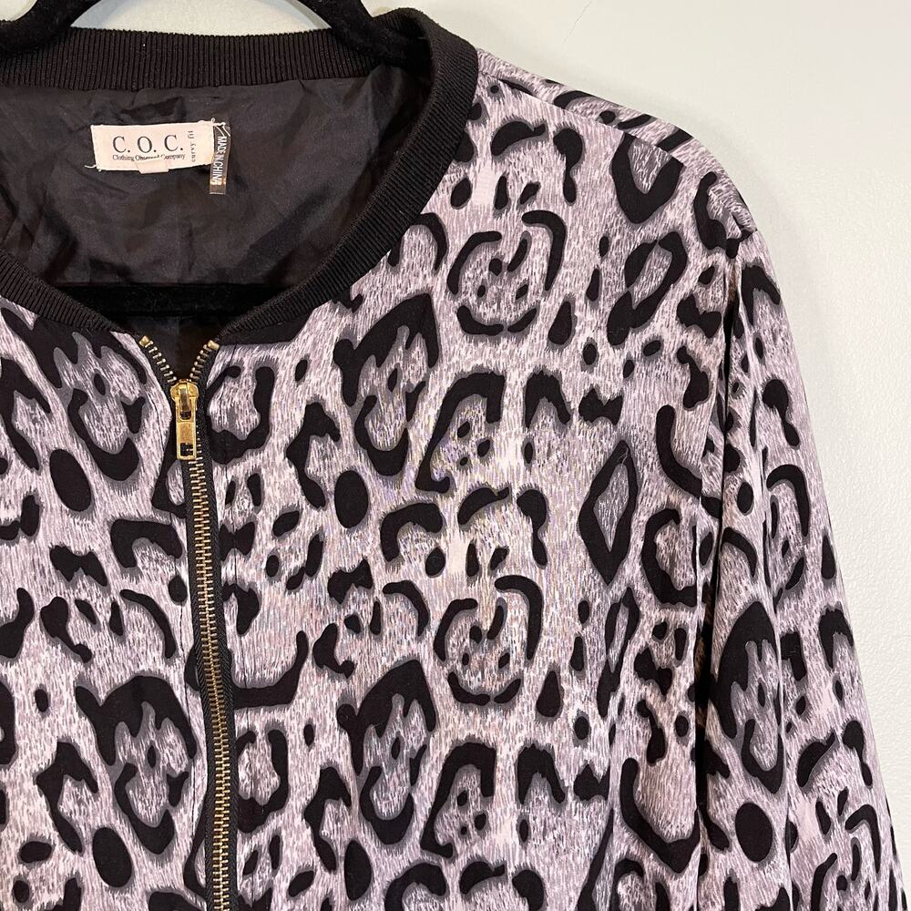 COC Bomber Jacket Womens 1XL Animal Leopard Print Full Zip Black Gray - Picture 3 of 9